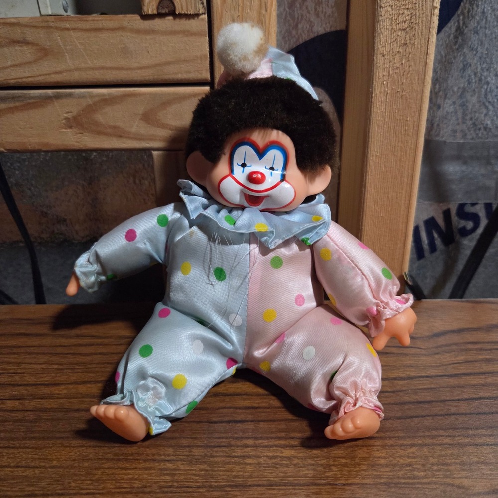 Vintage Corky Clown Plush Doll California Stuffed Toys Pink Blue Polka Dot Hat